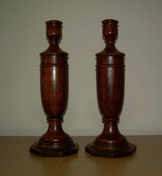Antique Wooden Candlestick X 2.  Oak Brass Treen Woodenware 12 Inch