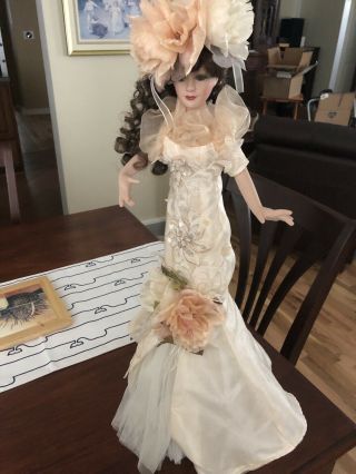 24 " Brunette Porcelain Doll In Vintage Floral Wedding Dress