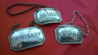 3 X Antique Silver Plated Decanter Labels - Whiskey - Brandy - Port