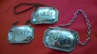 3 x Antique Silver Plated Decanter Labels - Whiskey - Brandy - Port 2