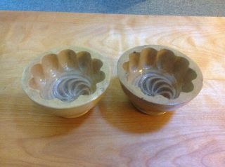 2 Antique Yellow Ware Food Butter Jello Molds With Fluted Sides And Swirl Bottom