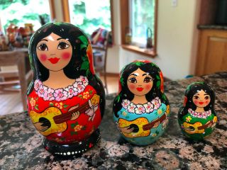 Hawaiian Luau Ussr Russia Maidens Nesting Dolls,  Set Of 3,  Hand Painted