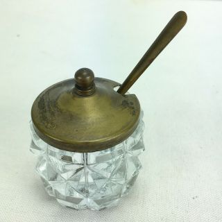 Vintage Or Antique Glass Salt Cellar & Metal Lid & Spoon Celtic Made In England