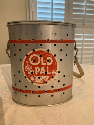 Vintage Old Pal Metal Minnow Fishing Bucket Pail W/ Strap Bait Bucket