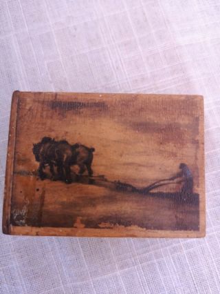 Antique Treen Mauchline Ware Match Box Holder Case Farmer And Horses