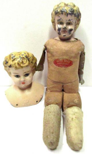 2 Antique Tin Metal Head Dolls - Juno w/ Glass Eyes and 