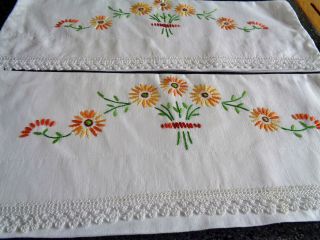 Charming Vintage Hand Embroidered Pillowcases With Dainty Lace Edge
