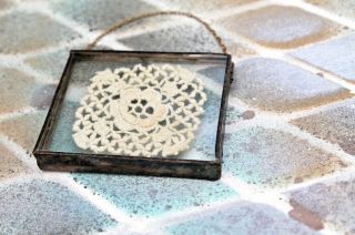 Vintage Lace Under Glass Copper Frame With Chain Hanger,  1.  25” X 1.  5”