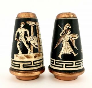 Vtg Ceramic Salt & Pepper Shaker Set 2 Greek Hand Painted Greece Brass Copper