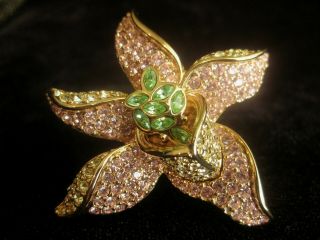 Stunning Swarovski Star Flower Brooch Goldtone W/ Clear,  Pink & Green Crystals