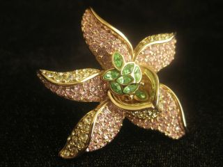 Stunning SWAROVSKI STAR FLOWER Brooch GOLDTONE w/ Clear,  Pink & Green CRYSTALS 2