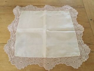Antique Vintage Cream Pink Silk Lace Ladies Handkerchief