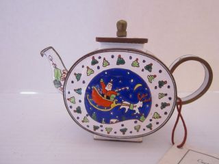 Kelvin Chen Hand Painted Enameled Miniature Teapot W/ Tags.  Santa & Sleigh