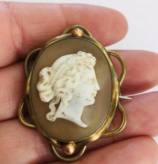 Antique Victorian Gilt Metal Carved Cameo Brooch 2