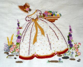 Hand Embroidered Linen Unframed Picture Crinoline Lady Gathering Garden Flowers