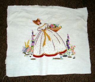 Hand Embroidered Linen Unframed Picture Crinoline Lady Gathering Garden Flowers 2