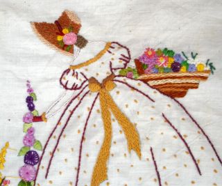 Hand Embroidered Linen Unframed Picture Crinoline Lady Gathering Garden Flowers 3