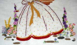 Hand Embroidered Linen Unframed Picture Crinoline Lady Gathering Garden Flowers 4