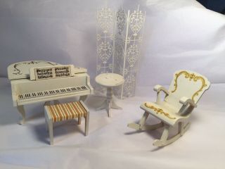 Vintage Lundby Dollhouse Music Room W/ Piano Table,  Screen,  Bench,  Rocking Chair