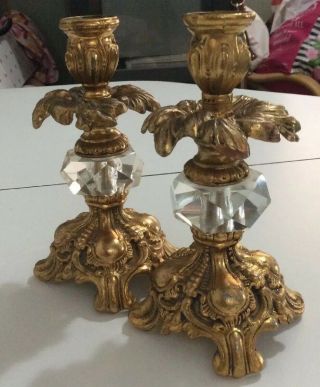 Pair 8”tall Brass Metal Candle Holders With Crystal Center For 1” Candles -