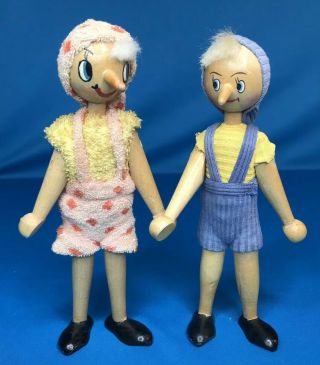 Vintage Poland Wooden Peg Dolls Pair 7 " Folk Art Polish Pinocchio Couple