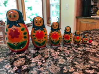 Vintage Ussr Russia Maidens Nesting Dolls,  Complete Set Of 7