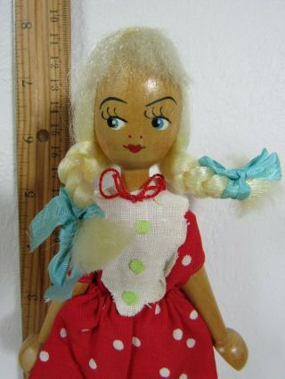 Vintage Poland Wooden Peg Doll 7 - 1/2 " All Polka Dot Red Dress