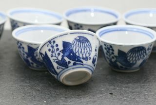 Eight Vintage Chinese Hand Painted Blue & White Porcelain Tea Cups 3