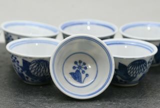 Eight Vintage Chinese Hand Painted Blue & White Porcelain Tea Cups 4