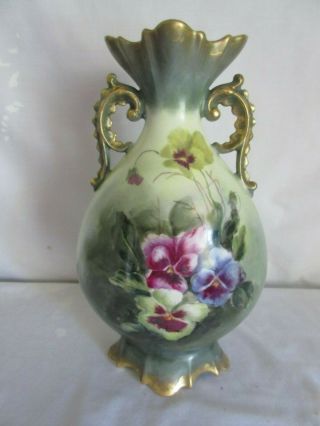 Gorgeous France M R Limoges Hand Painted Floral Pansies Two Handles Vase 10.  5 "