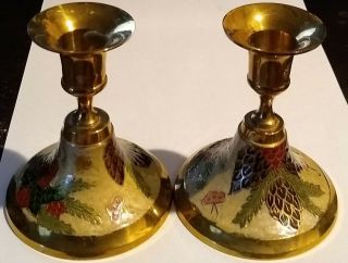 Christmas Vintage Candleholders Set Of 2 Brass Enameled Holly,  Candle & Pine Des