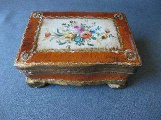 Vintage Hand Painted Flowers Bouquet Florentine Wooden Jewelry Box Italian Label