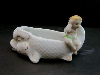 Vintage Porcelain Baby Sitting On A Fish Dish Bowl Ashtray Mini.  4 1/2 Inch.
