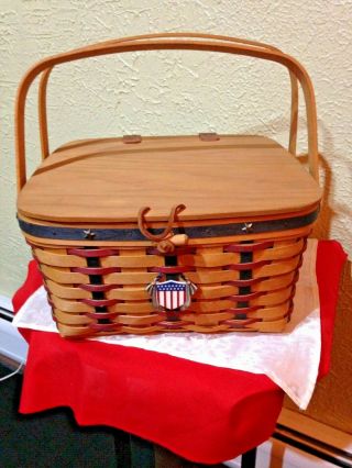 Longaberger 2003 Small Picnic Basket,  Liner & Protector,  & Tie - On Great Aaa,