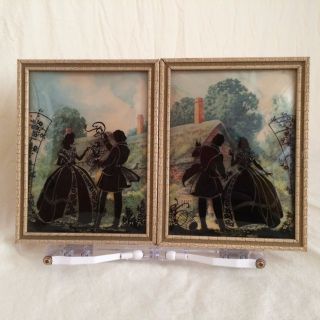 Vintage Pair (2) - Couple With Birdcage Reverse Painted Silhouette Curved Glass