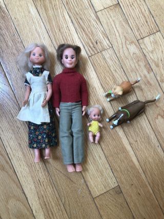Vintage 1973 Mattel Sunshine Family Dolls Mom Dad Baby Dog Cat,  Clothing