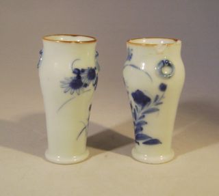 Pair Antique Chinese Blue & White Porcelain Vases: Brown Rims: 9 cm high A/F 3
