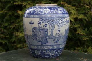Large Antique Empire Porcelain Blue/white Oriental Figure Jar - With Mark
