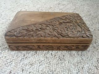 Vintage Wooden Carved Box With Hinged Lid.  Pretty Leaf Design