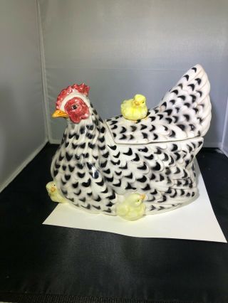 Fitz & Floyd Chicken Hen Chicks Cookie Jar Rooster Black & White