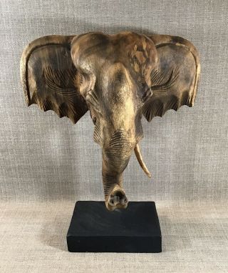 Vintage Hand Carved Wooden Elephant Head Sculpture Trunk Up Missing 1 Tusk