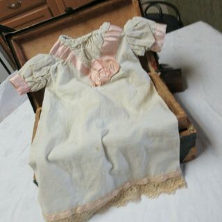 Antique 1900 White Cotton Doll Dress With Pink Satin Design 13 "