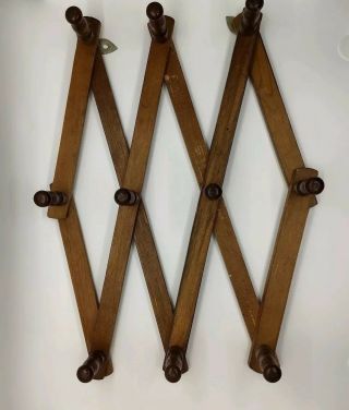 Vintage Wood Expandable Folding 10 Peg Wall Hanger Mug Hat Accordion Rack Read