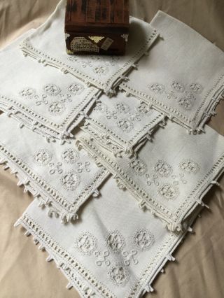 Set Of 6 Antique Vintage 100 Linen Napkins Hand Made Lace White Embroidery