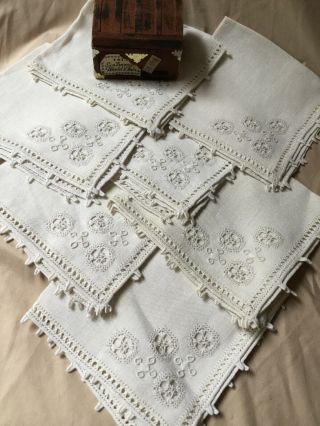 Set Of 6 Antique Vintage 100 Linen Napkins Hand Made Lace White Embroidery 2