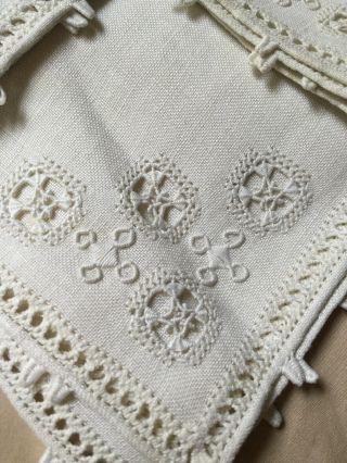 Set Of 6 Antique Vintage 100 Linen Napkins Hand Made Lace White Embroidery 3