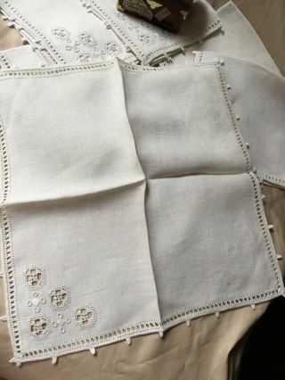 Set Of 6 Antique Vintage 100 Linen Napkins Hand Made Lace White Embroidery 4