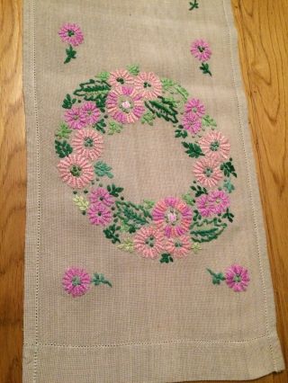 Vintage Hand Embroidered Taupe Cotton/linen Table Runner / Mat 103cm X 23 Cm