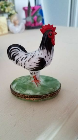 Limoges - B/w Rooster Hinged Porcelain,  Hand Painted Trinket Box From France