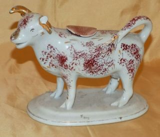 Antique 19thc Scottish East Coast Hand Painted Spongeware Pottery Cow Creamer